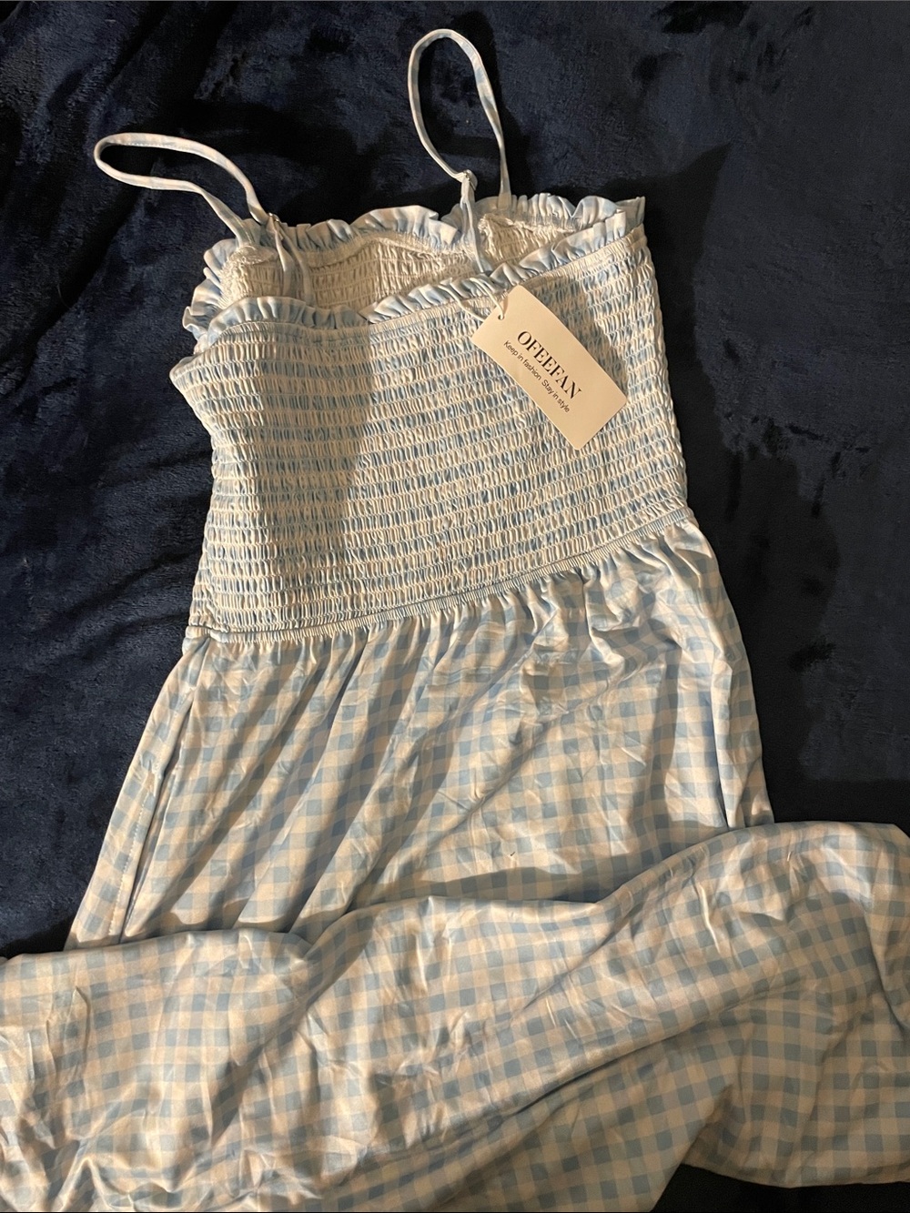 Offean 👗 Blue & White Gingham Maxi Dress with Smocked Bodice